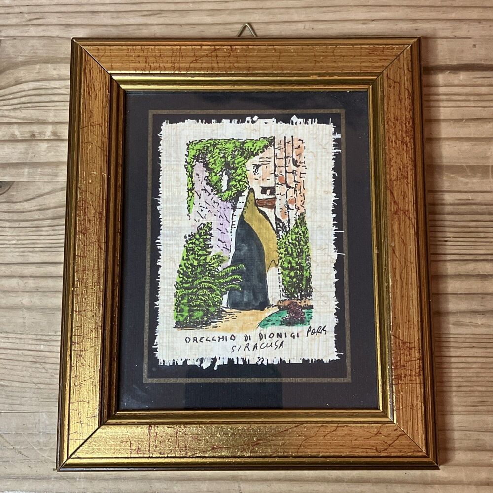 Vintage Ear Of Dionysius Art On Papyrus Siracusa Italy Souvenir Red Gold Frame